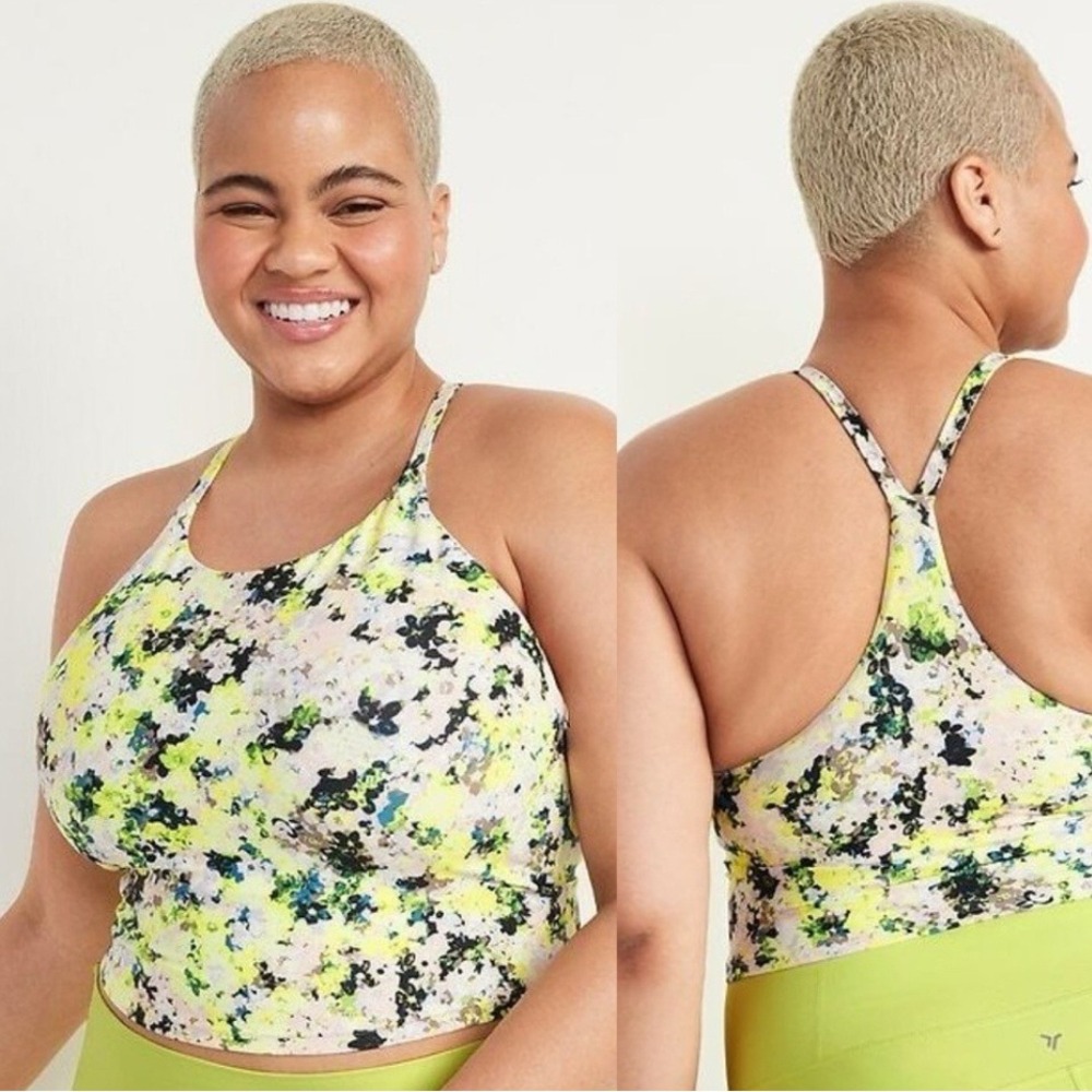 Old Navy Active Powersoft Longline Sport Bra Tank Top M Neon Yellow Floral Crop
